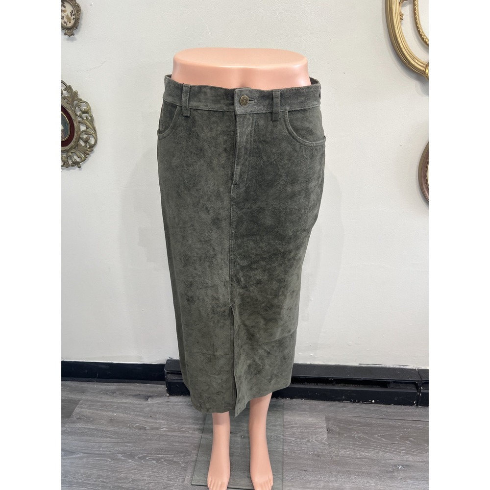Eddie Bauer Seattle Suede Olive Green Genuine Suede Front Slit Midi Skirt Siz 6P